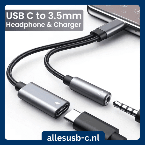 USB-C splitter aangesloten op smartphone voor tegelijkertijd opladen en muziek luisteren via 3.5mm koptelefoon.