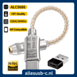 Zilveren USB-C DAC dongle met ALC5686 chip specificaties en gratis USB-A adapter