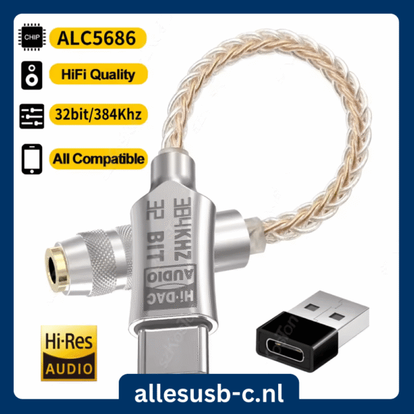 Zilveren USB-C DAC dongle met ALC5686 chip specificaties en gratis USB-A adapter
