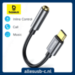 Baseus USB-C audio adapter met iconen voor inline bediening bellen en muziek