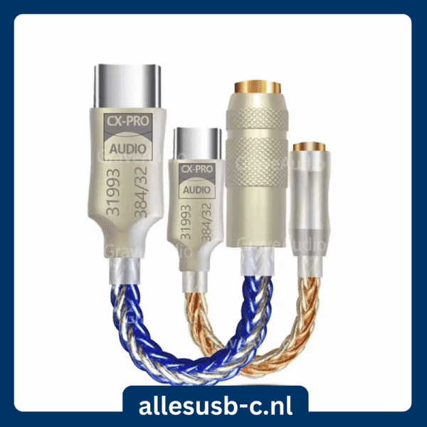 CX-PRO USB-C naar 3.5mm DAC dongle in blauw en koper met 31993 chip specificaties