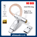 Zilveren CX31993 USB-C naar 3.5mm dongle met gevlochten kabel zonder verpakking
