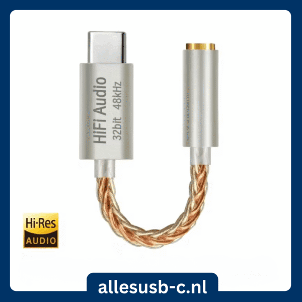 Zilveren USB-C DAC dongle met gemengde koper-zilveren kabel en Hi-Res Audio logo