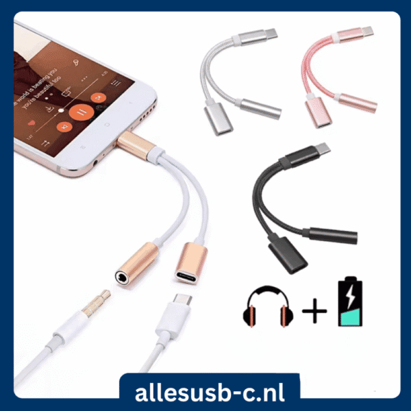 Collectie gevlochten USB-C adapters in zilver, roségoud en zwart met 2-in-1 functionaliteit