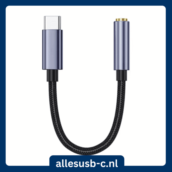 NIERBO grijze USB-C naar mini-jack adapter met gevlochten kabel