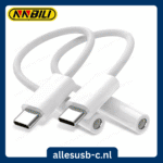 Twee witte NNBILI USB-C audio dongles met nylon gevlochten kabel
