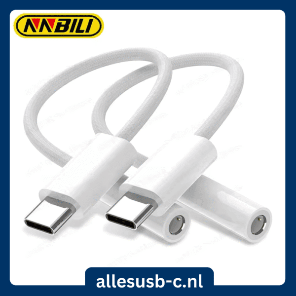 Twee witte NNBILI USB-C audio dongles met nylon gevlochten kabel
