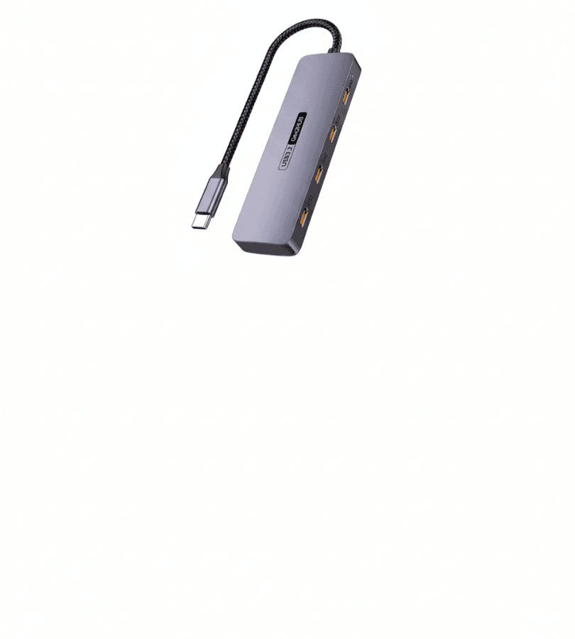 Vrijstaande productfoto van de slanke grijze USB 3.2 Gen 2 hub met duurzame gevlochten kabel en 10G markeringen.