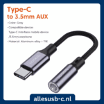 Toocki grijze type-c audio adapter met aluminium behuizing en gevlochten kabel