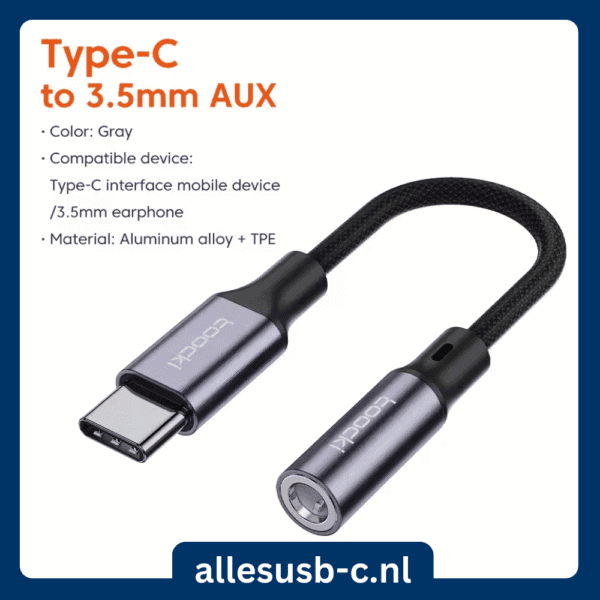 Toocki grijze type-c audio adapter met aluminium behuizing en gevlochten kabel