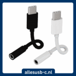 Zwarte en witte USB-C audio dongle flexibel naast elkaar