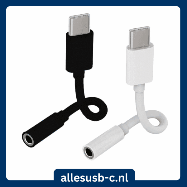 Zwarte en witte USB-C audio dongle flexibel naast elkaar