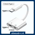 Witte USB-C dongle met 3.5mm audio ingang en USB-C oplaadpoort iconen