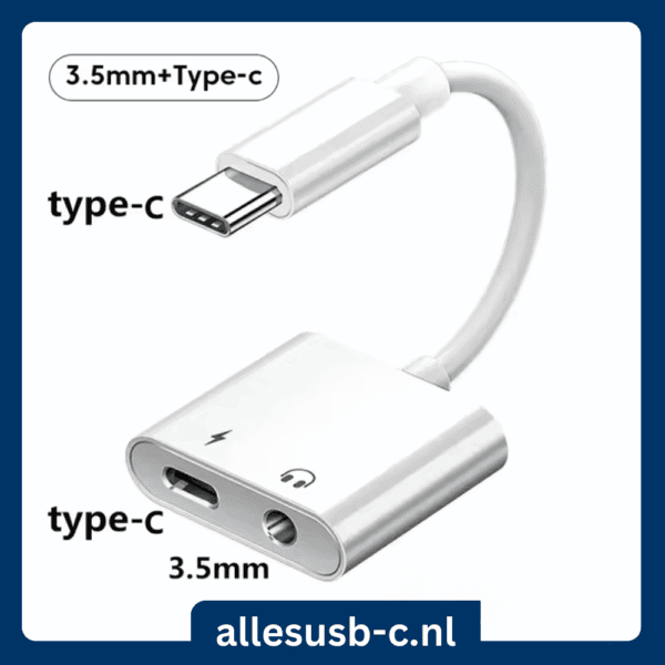 Witte USB-C dongle met 3.5mm audio ingang en USB-C oplaadpoort iconen