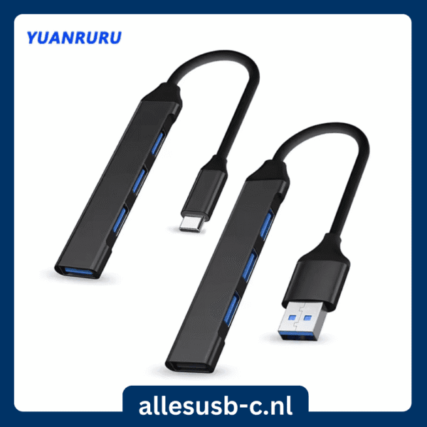 YUANRURU USB-C en USB-A naar 4-poorts USB 3.0 hub set zwart