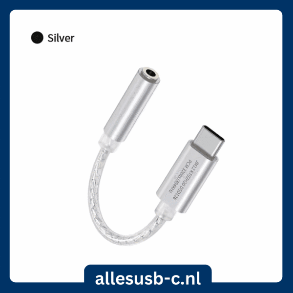 JCALLY JM12 zilveren USB-C audio dongle met transparante kabel en 32bits/384KHz specificaties