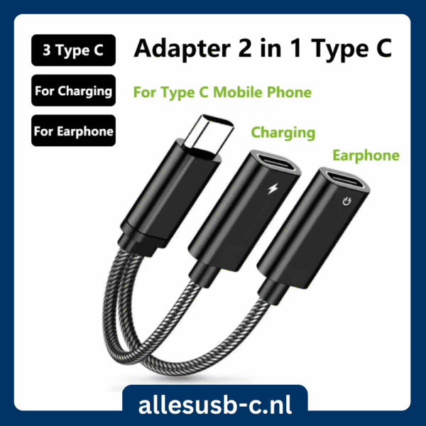 Zwarte USB-C splitter met labels voor opladen en oortjes aansluiting