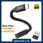 Zwarte USB-C DAC dongle met dubbele chip CX31993 en MAX97220 voor extra vermogen en USB-A adapter
