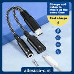 Zwarte gevlochten USB-C splitter met iconen voor snelladen en muziek luisteren