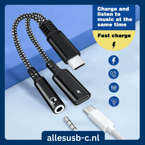 Zwarte gevlochten USB-C splitter met iconen voor snelladen en muziek luisteren