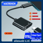 Zwarte vierkante USB-C dongle met 3.5mm jack en oplaadpoort en OTG ondersteuning