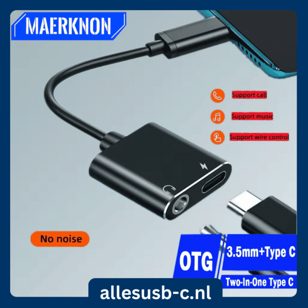 Zwarte vierkante USB-C dongle met 3.5mm jack en oplaadpoort en OTG ondersteuning