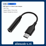 Zwarte USB-C naar mini-jack kabel met tekst over muziek en belfuncties ondersteuning