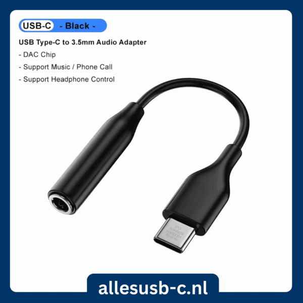 Zwarte USB-C naar mini-jack kabel met tekst over muziek en belfuncties ondersteuning
