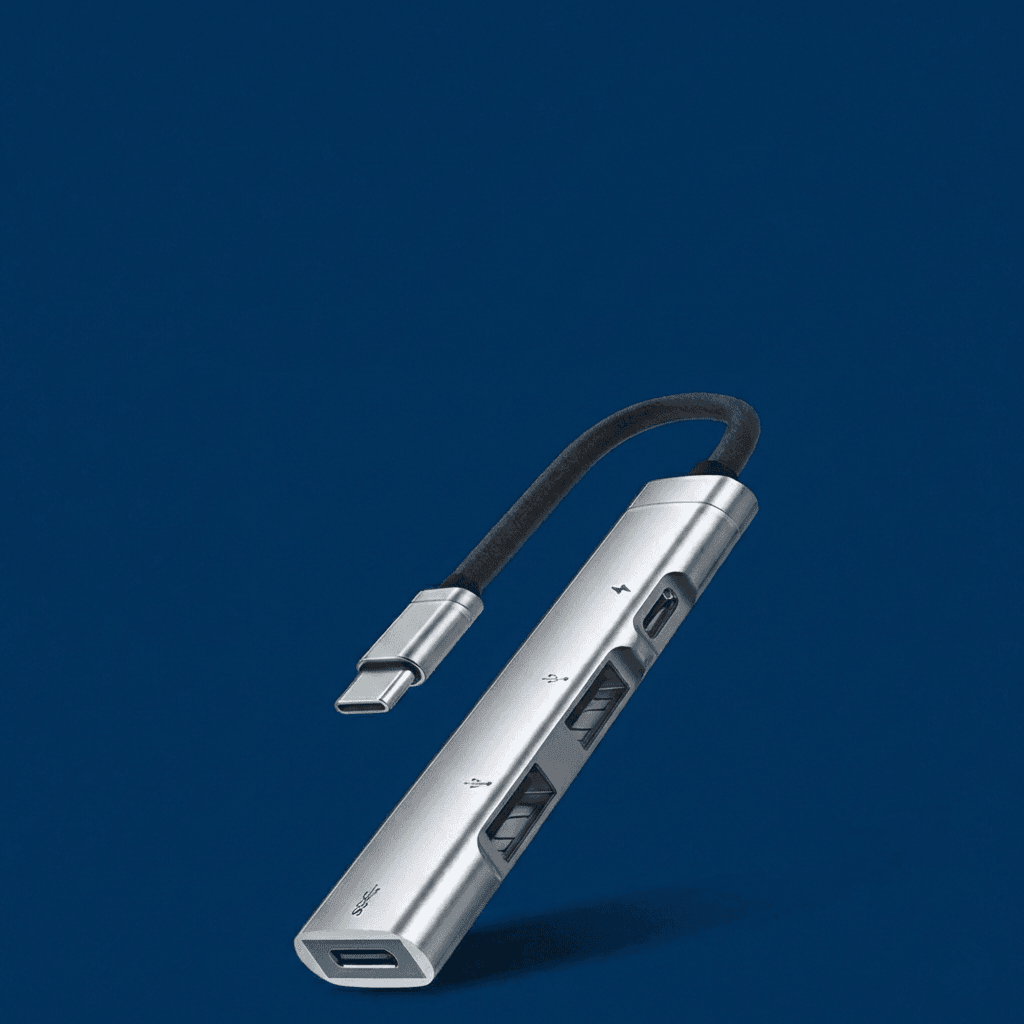 Zilveren aluminium 4-in-1 USB-C hub met USB-A poorten en snelle dataoverdracht op een donkerblauwe achtergrond