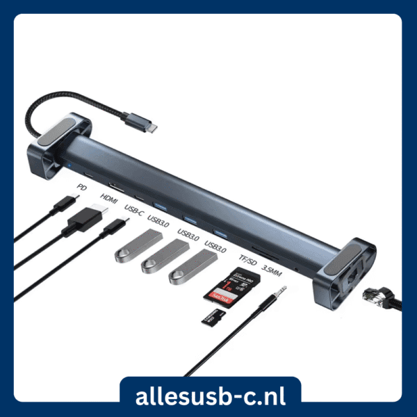 Overzicht van een 10-in-1 USB-C hub met duidelijke aanduiding van alle aansluitingen, waaronder PD, HDMI, USB-A, SD/TF en Audio