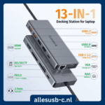 Getatek 13-in-1 USB-C hub met labels voor alle poorten inclusief HDMI 4K, VGA, USB 3.2, Ethernet en kaartlezers.