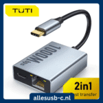 Zilveren USB-C naar RJ45 adapter met extra USB-C stroompoort voor Chromecast en TV sticks