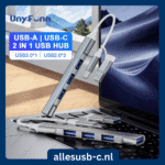 Zilveren USB hub met dubbele stekker USB-A en USB-C en 4 poorten