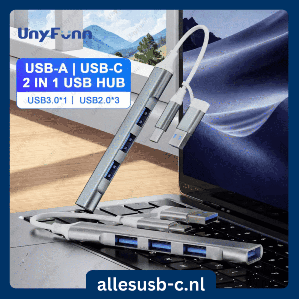 Zilveren USB hub met dubbele stekker USB-A en USB-C en 4 poorten