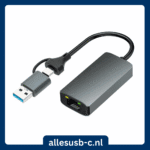 Grijze netwerkadapter met hybride connector (USB-A en USB-C) en LED-indicatielampjes op de RJ45 poort
