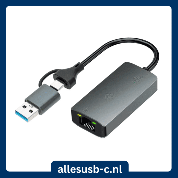 Grijze netwerkadapter met hybride connector (USB-A en USB-C) en LED-indicatielampjes op de RJ45 poort