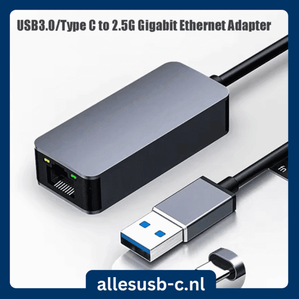 Grijze netwerkadapter met USB-A connector op de voorgrond en tekst "USB3.0/Type C to 2.5G Gigabit Ethernet Adapter"