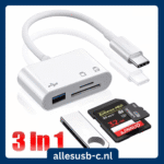 Witte USB-C naar geheugenkaartlezer en USB-hub met 3-in-1 functionaliteit