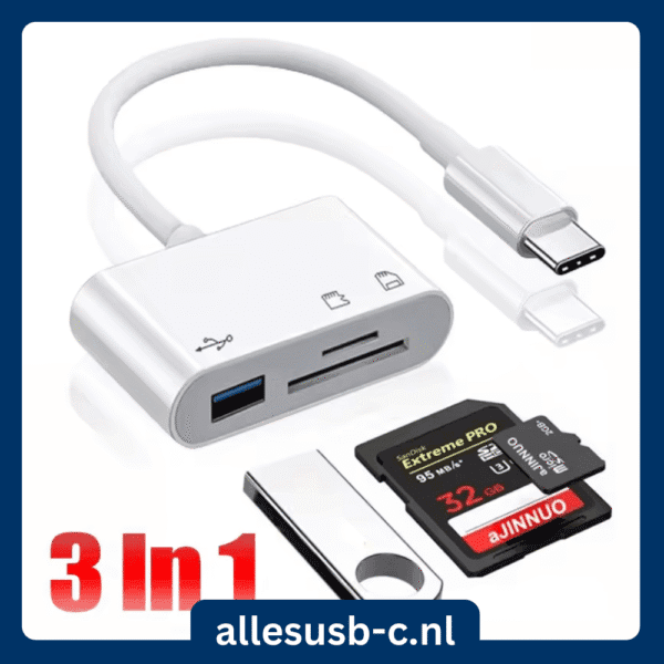 Witte USB-C naar geheugenkaartlezer en USB-hub met 3-in-1 functionaliteit