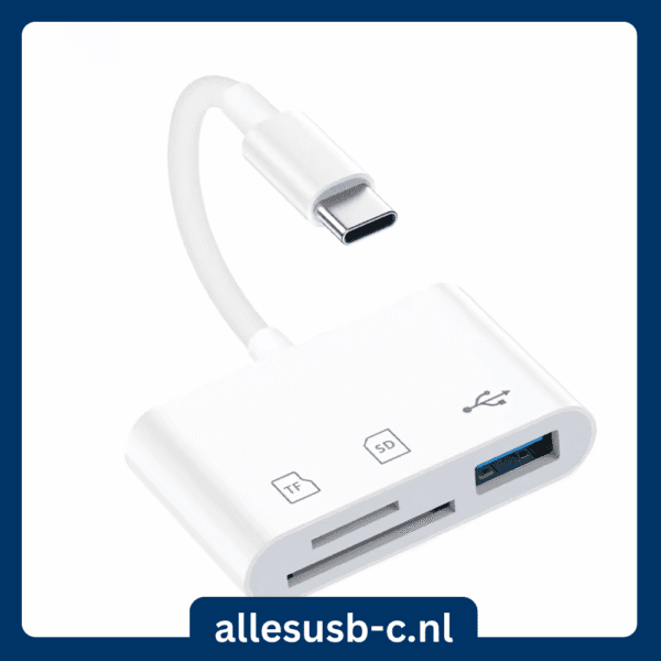 Witte USB-C adapter met blauwe USB 3.0 poort, SD-slot en TF-slot