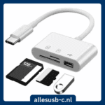 Witte 3-in-1 USB-C adapter met sloten voor SD kaart, MicroSD kaart en een extra USB-A poort