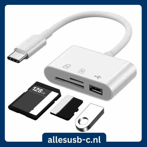 Witte 3-in-1 USB-C adapter met sloten voor SD kaart, MicroSD kaart en een extra USB-A poort