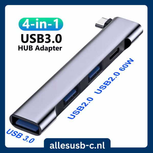 Zilveren L-vormige USB-C hub met USB 3.0, twee USB 2.0 poorten en een 60W oplaadpoort.