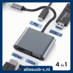 Overzicht van een 4-in-1 USB-C hub met aangesloten kabels voor PD, USB 3.0, HDMI en VGA.
