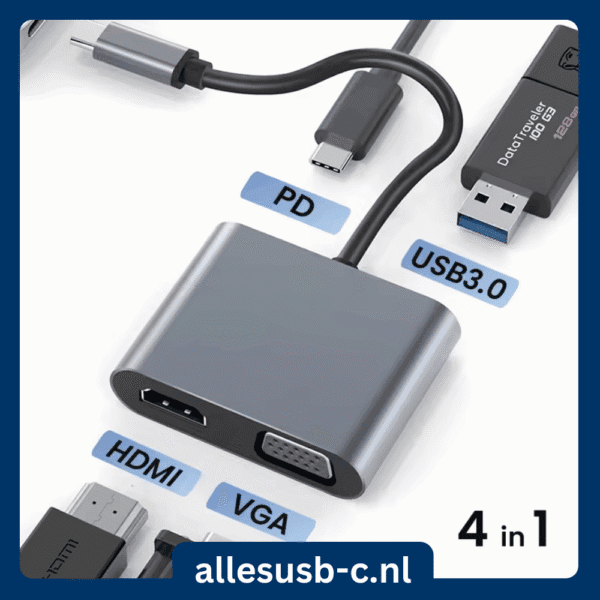 Overzicht van een 4-in-1 USB-C hub met aangesloten kabels voor PD, USB 3.0, HDMI en VGA.