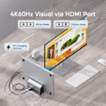 PULWTOP USB-C dock aangesloten op een MacBook en een externe monitor met 4K 60Hz resolutie in Extend Mode.
