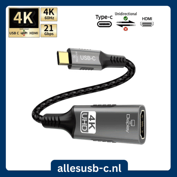 Grijze USB-C naar HDMI adapter met 21Gbps bandbreedte, ondersteunt 4K 60Hz unidirectionele transmissie.