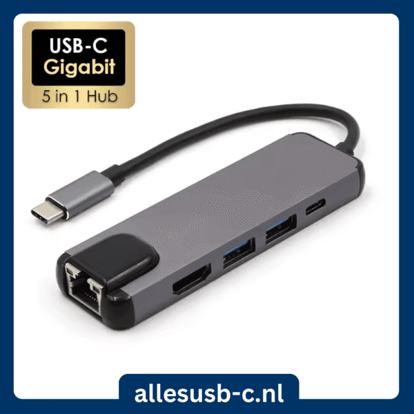 5-in-1 USB-C adapter met Gigabit Ethernet poort en HDMI aansluiting
