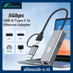 Aluminium 5G ethernet adapter met dubbele connector (USB-A/C) en iconen voor 5000Mbps snelheid en RJ45