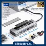 Gedetailleerd overzicht van de 8-in-1 USB-C hub met M.2 SSD ondersteuning, 4K 30Hz HDMI, 100W PD en SD/TF kaartlezers.